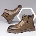 Brown leather winter martin boots for men with warm wool lining and non-slip rubber soles - 38 / Khaki Solid