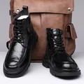 Men's winter leather Martin boots in black with warm faux fur lining and rubber sole - 38 / Black Fleece Lined