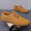 Men's casual leather shoes in camel brown with warm lining and anti-slip soft soles - EU 38 / Yellow Unlined (8593)