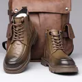 Men's winter wool lined Martin boots in olive green gradient with side zipper - 38 / Khaki Fleece Lined