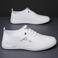 White casual leather loafers for men with non-slip soft sole and warm lining - White Unlined (6881)