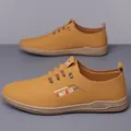 Men's ginger yellow casual leather sneakers with anti-slip rubber sole and side logo print - Yellow Unlined (6881)