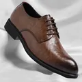Classic dark brown leather derby shoes for men with textured finish and business casual style - Brown