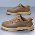 Men's brown synthetic leather sneakers with contrast paneling and thick rubber sole - EU 38 / Khaki