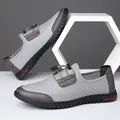Grey breathable mesh men's slip-on casual shoes with brown leather and soft sole - EU 38 / Gray