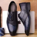 Men's navy blue gradient leather dress shoes with crocodile texture and lace-up design - EU 38 / Blue