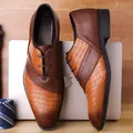Classic brown two-tone leather oxford shoes with crocodile embossed detail and laces - EU 38 / Yellow