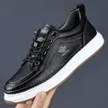 Men's casual black leather sneaker featuring fashion wing logo and thick white sole - EU 38 / Black