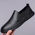 Men's black perforated genuine leather loafers with breathable slip-on design - Black Hollow