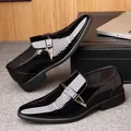Men's black patent leather business shoes with perforated details and metal buckle - EU 38 / Black Hollow
