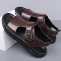 Sandalias de hombre en cuero marrón con correa de velcro y suela negra antideslizante - 38 / Marrón (1529)