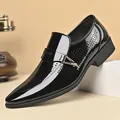 Classic black patent leather dress loafers for men with gold buckle and perforated detail - EU 38 / Hollow Style / Black