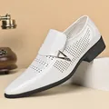 White perforated patent leather men's pointed-toe loafers with a golden buckle detail - EU 38 / Hollow Style / White
