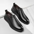 Men's black genuine leather slip-on loafers with soft soles and brown interior - EU 38 / Black