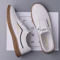 Men's casual white leather loafers with side stripes and durable brown rubber soles - EU 38 / White Unlined