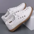 White breathable hollow leather loafers for men with brown rubber sole and lace-up design - EU 38 / White Hollow Out