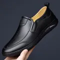 Men's black slip-on leather loafers with litchi texture and non-slip rubber soles - EU 38 / Slip-on Style (8106) / Black