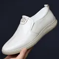White leather slip-on loafers for men with decorative hand stitching and sport sole - EU 38 / Slip-on Style (8106) / White