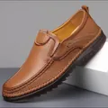 Brown leather men's slip-on loafers with stitch detail and non-slip rubber sole - EU 38 / Brown