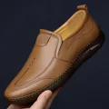 Men's brown leather loafer with handmade stitching and slip-on design for casual wear - EU 38 / Slip-on Style (8106) / Brown
