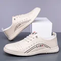 Men's breathable beige leather loafers with laser-cut perforations and soft rubber sole - 38 / Off-White Perforated