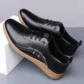 Men's casual black leather loafers with hollow vents and non-slip brown rubber sole - 38 / Black Solid Shoes