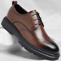 Classic men's dark brown leather brogue shoes with gradient toe and thick rubber sole - Brown / 38
