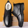 Men's black pebble leather winter boots with warm fur lining and non-slip rubber soles - 38 / Lace-up Style / Black Fleece Lined