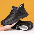Men's retro black high-top leather boots with warm white fleece lining and Velcro strap - EU 38 / Black Fleece Lined