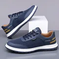 Dark blue men's breathable mesh sneakers with yellow accents and white non-slip sole - Blue Mesh
