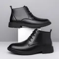 Classic black leather men's lace-up boots with non-slip thick rubber soles in a sleek design - EU 38 / Black