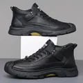 Men's black fleece-lined high-top leather boots with vintage workwear style - EU 38 / Black Solid Shoes
