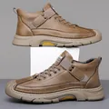 Men's retro high-top leather casual boots in deep brown with thick rubber soles - EU 38 / Brown Single Shoes