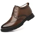 Brown brogue leather boots for men with non-slip thick sole and lace-up design - 38 / Brown Fleece Lined