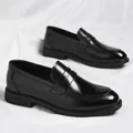 Classic black leather penny loafers for men with a polished finish and thick flat sole - EU 38 / Black