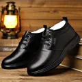 Men's winter black leather snow boots with warm white faux fur lining and lace-up design - 38 / Black Fleece Lined
