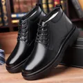 Men's black leather business boots with warm white fur lining and non-slip thick sole - EU 45 / Black Fleece Lined