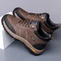 Men's high-top winter snow boots in dark brown and black with thick anti-slip soles - EU 38 / Brown Single Lining