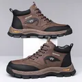 Men's dark brown high-top winter hiking boots with anti-slip rubber thick soles - EU 38 / Brown Unlined (3369)