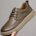 Men's casual leather shoes in dark brown with thick beige soles and lace-up design - EU 38 / Khaki