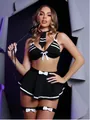 Detail van zwarte dienstmeisje lingeriesjes lingerie set met strik en witte randen op een model - S / Zwart