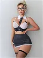 Detalle de conjunto de lencería a rayas con encaje blanco y medias de rejilla negras - S / Estilo de rayas blancas y negras