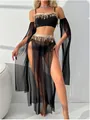 Completo intimo sexy in rete nera con frange di paillettes dorate e gonna lunga in tulle - S / Nero
