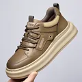 Brown retro men's thick sole sneakers with lychee texture leather and lace-up closure - EU 38 / Khaki