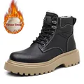 Bottes de moto en cuir noir doublées avec semelle plateforme kaki pour hommes - 38 / Doublure en Peluche / Noir
