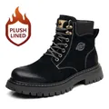 Men's black fleece-lined leather combat boots with thick anti-slip rubber soles - 38 / Fleece Lined / Black