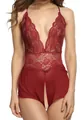 Detail eines roten Spitzenbodys mit tiefem V-Ausschnitt und offenem Schritt-Design - S / Rot