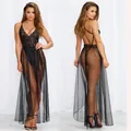Body sexy in pizzo nero con gonna lunga in rete trasparente, vista frontale e posteriore - S / Nero