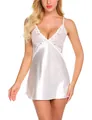 Detailed close-up of white satin nightdress featuring delicate lace embroidery and V-neckline - White