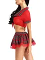 Detail der rot karierten Schulmädchenuniform mit Spitze und Schnür-Crop-Top - Einheitsgröße / Rot / Rotes Karo